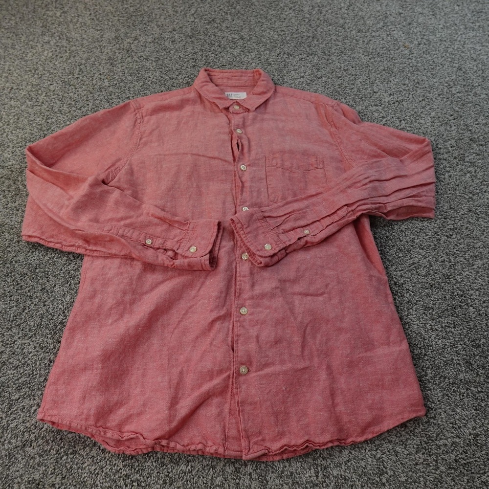 Gap Shirt Mens M Pink Linen Chambray Button Up Long Sleeve Casual Beach Summer - Picture 2 of 8